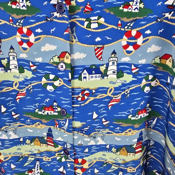 Bon Worth Vtg Nautical Blue Lighthouse Shirt Beachy Coastal Grandmother Aloha MP - Picture 10 of 12